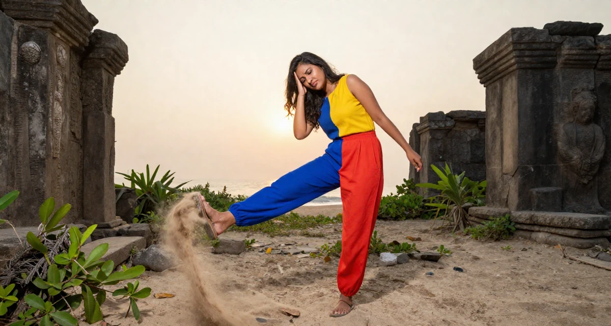 A compassionate Female From Bangladesh, studied textile engineering in their 28, facing creator fatigue while pretending to thrive, wearing a bold color-block outfit, kicking up dust playfully in a sunset beach.