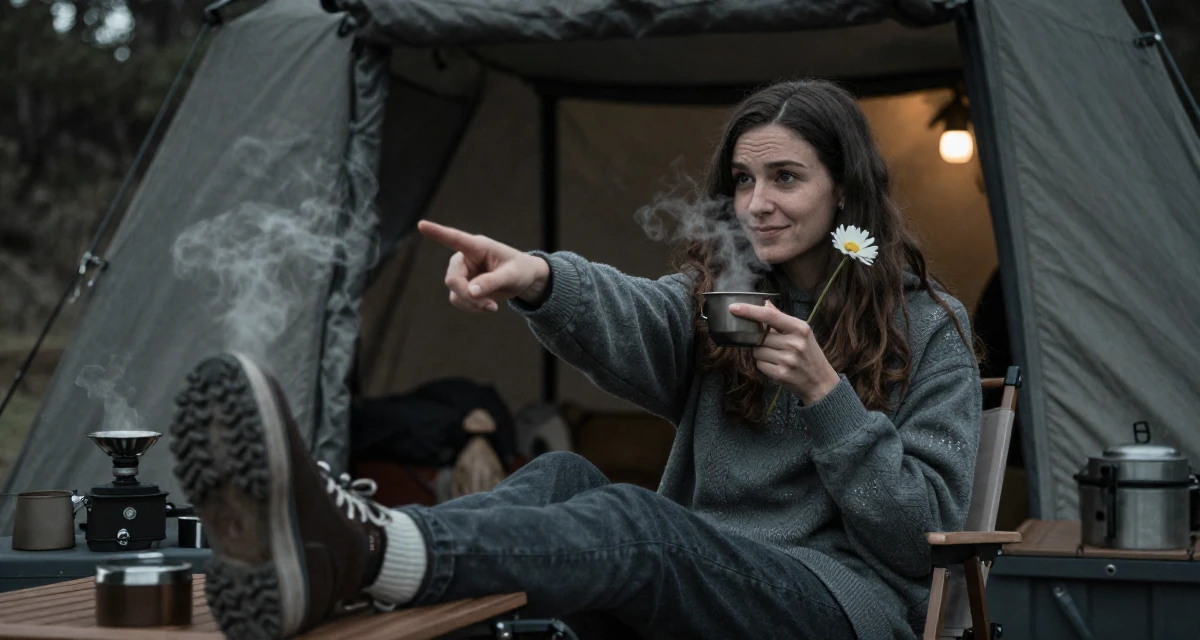 A lighthearted Female From Italy, studied restoration of cultural heritage in their 28, investing in high-quality lifestyle upgrades, wearing a classic collegiate style, holding a flower in a camping site.