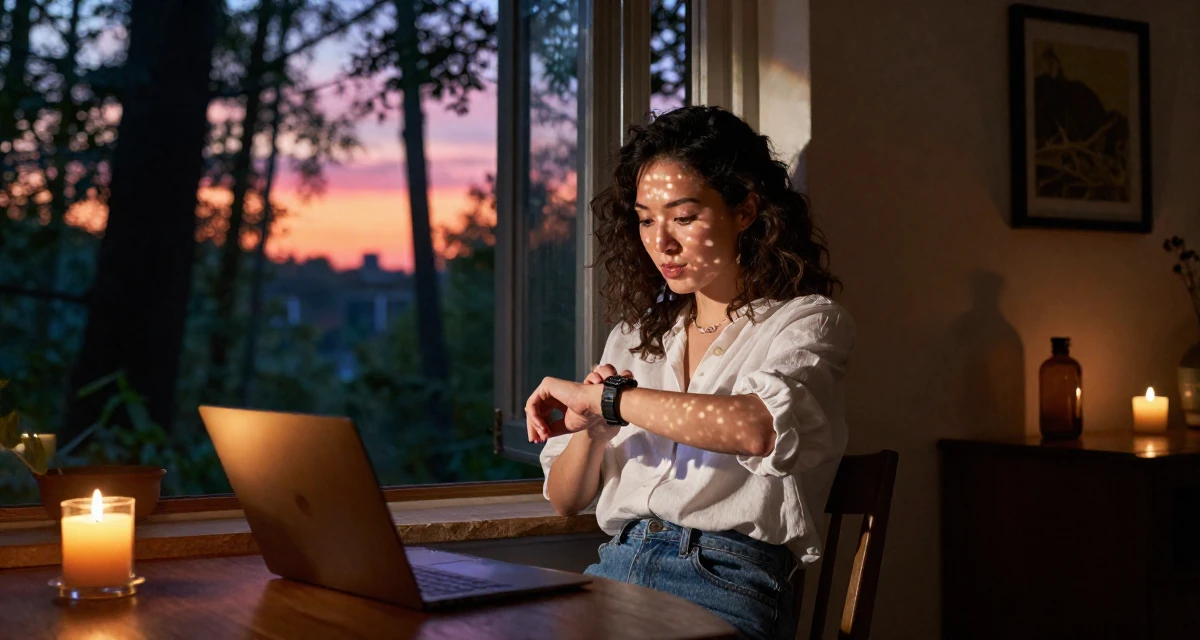 A playful Female From Wuhan China, learned social media branding through indie projects in their 31, digital nomad setting up a base in a new city, wearing a effortless white blouse and jeans, glancing at a wristwatch in a dining room.