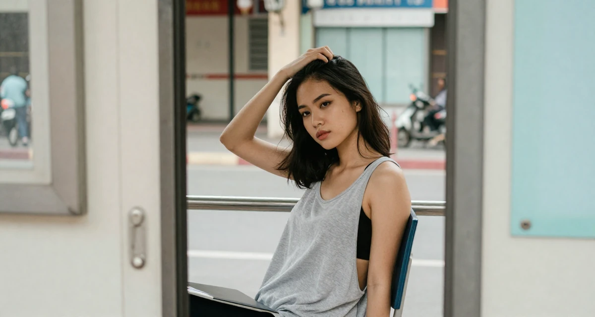 A self-assured Female From Ho Chi Minh City Vietnam, studied multimedia design in their 22, learning workplace expectations and boundaries, wearing a loose tank top with deep side cuts, scratching a head lightly in a bus stop.