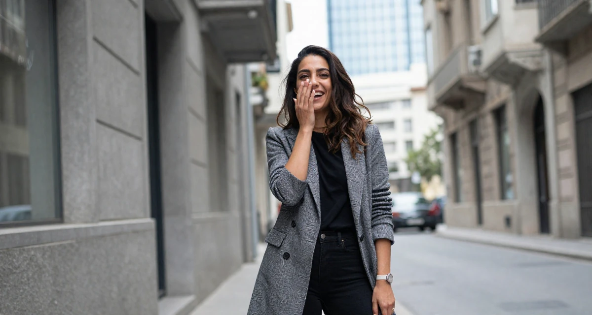 A innocent Female From Lebanon, majored in digital journalism in their 48, sharing lessons learned from failure, wearing a modern casual lifestyle wear, covering a laugh with one hand in a quaint European street.