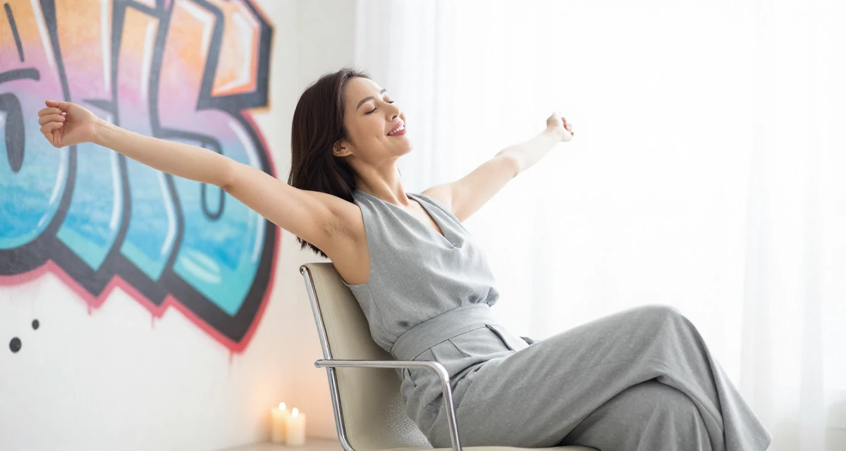 A hopeful Female From Hong Kong, studied digital media arts in their 30, feeling pride and fatigue in equal measure, wearing a halter neck top and wide-leg office trousers, stretching arms after waking in a waiting room.