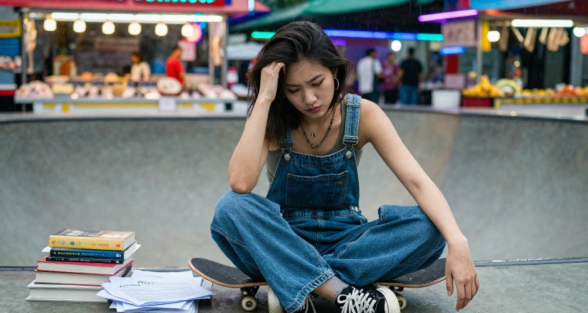A settled Female From Ho Chi Minh City Vietnam, studied creative media and personal branding in their 28, realizing rebranding is emotionally draining, wearing a relaxed dungarees or overalls, scratching the head in confusion in a skate park.