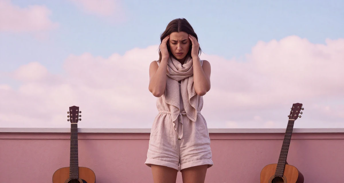 A sincere Female From Australia, majored in finance at a private university in their 20, feeling a mix of excitement and deep anxiety, wearing a short romper made of soft linen fabric, wrapping a scarf around the neck in a high-end restaurant.