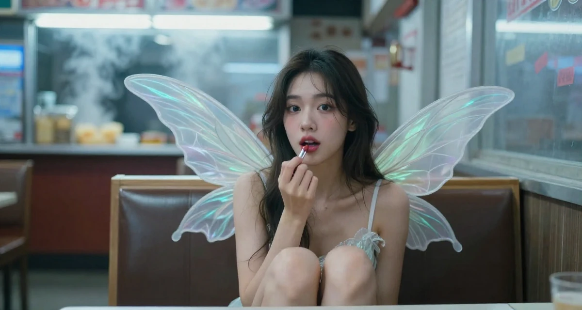A subtly surprised Female From USA, has a background in real estate in their 24, exploring unconventional career paths, wearing a fairy costume with translucent iridescent wings, applying lipstick in a restaurant booth.