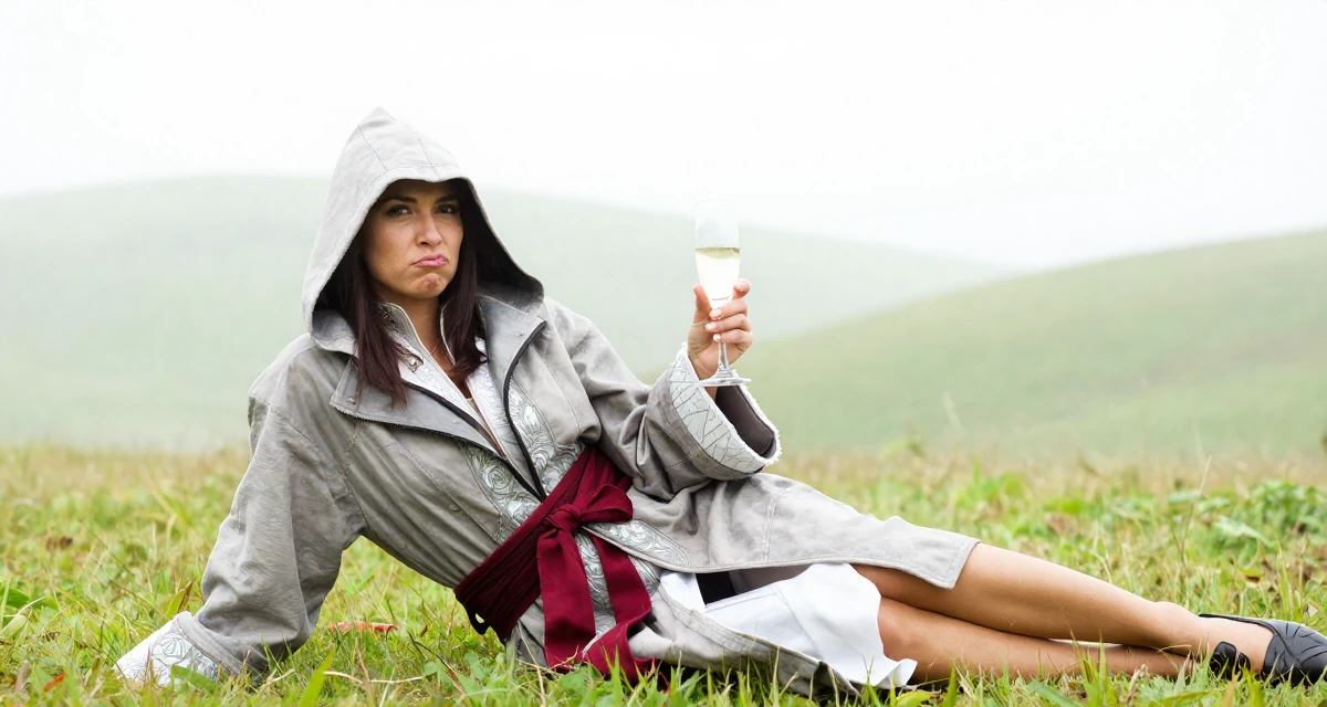 A pouting Female Former café waitress, now documenting daily aesthetics for fans in their 29, refusing to settle for mediocrity, wearing a assassin creed style hooded robe and tunic, holding a champagne glass in a grassy field.