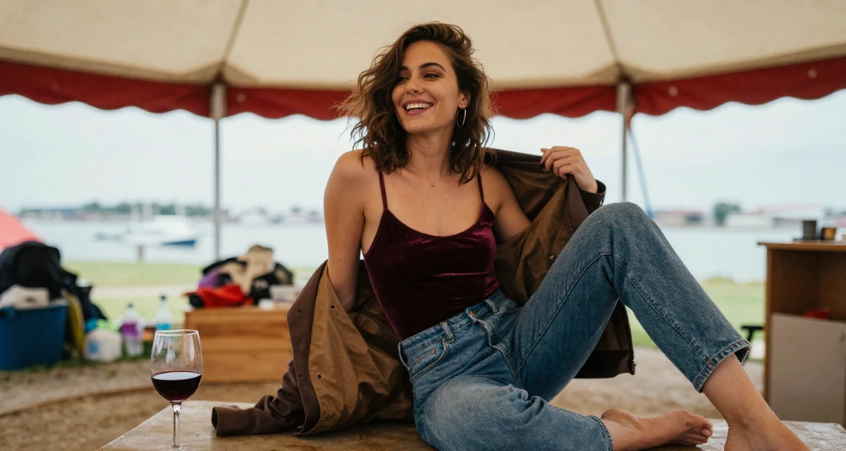 A joyful Female From Budapest Hungary, explored sensual character-based content in their 36, sharing tips for organizing a chaotic home, wearing a velvet bodysuit and high-waisted mom jeans, putting on a jacket in a circus tent interior.