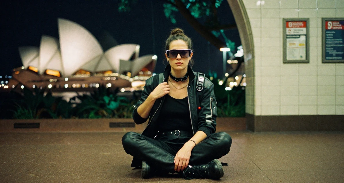 A solemn but kind Female Former massage therapist, now offering wellness-focused content in their 45, helping kids apply for college and empty nesting, wearing a cyberpunk hacker outfit with oversized tech glasses, adjusting a shoulder strap in a magical forest clearing.