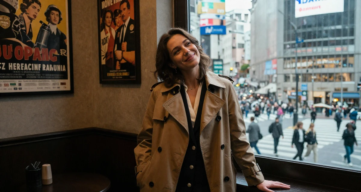 A serene Female From Bucharest Romania, trained in expressive posing in their 34, sharing the journey of infertility and hope, wearing a classic trench coat worn over a business dress, laughing softly in a hotel lobby.