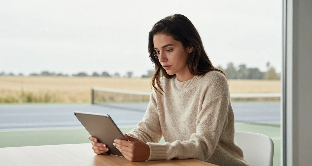 A vulnerable Female From Canada, studied kinesiology in their 25, balancing innocence and boldness in early shoots, wearing a soft cashmere sweater look, holding a tablet in a tennis court.