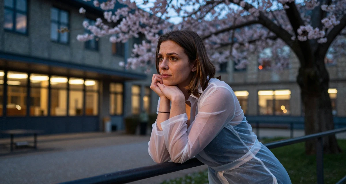 A emotional Female From Aarhus Denmark, trained in fitness coaching and body alignment in their 23, building first professional networks, wearing a semi-transparent beach cover-up dress, holding a railing in a university campus.