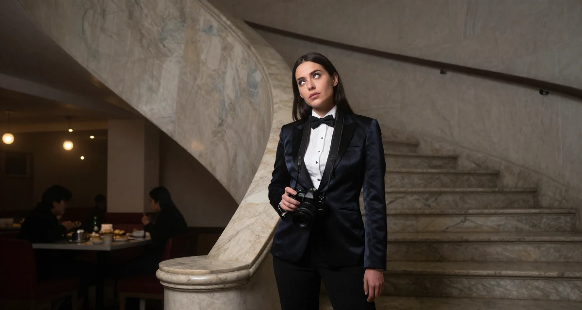 A intense Female From Guadalajara Mexico, majored in business analytics in their 37, rebuilding savings after unexpected expenses, wearing a satin lapel blazer and tuxedo pants, holding a camera in a winding staircase.