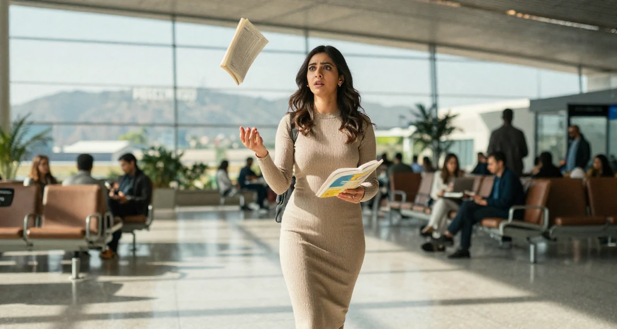 A stunned Female From Pakistan, based in Lahore, graduated from a business school majoring in marketing management in their 26, juggling real-life chaos with online expectations, wearing a tight knit midi dress with long sleeves, turning a page in a airport departure lounge.