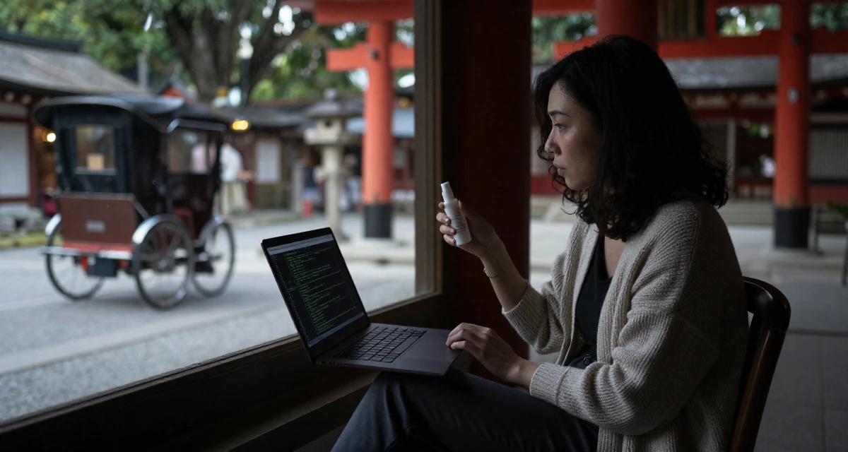 A distracted Female From Singapore, based in Tampines, graduated from a polytechnic majoring in business analytics in their 45, reviewing anti-aging products with honesty, wearing a cozy knit cardigan and slacks, looking at a reflection in a window in a Japanese Shinto shrine.