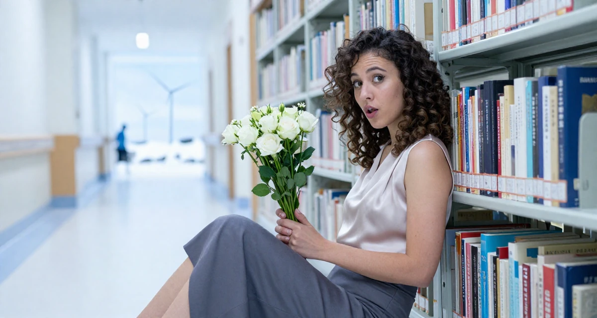 A whimsical Female From Chinese-speaking regions, studied mechanical design in their 25, discovering passions through extracurricular activities, wearing a sleeveless silk top and a high-waisted skirt, holding a bouquet in a hospital corridor.