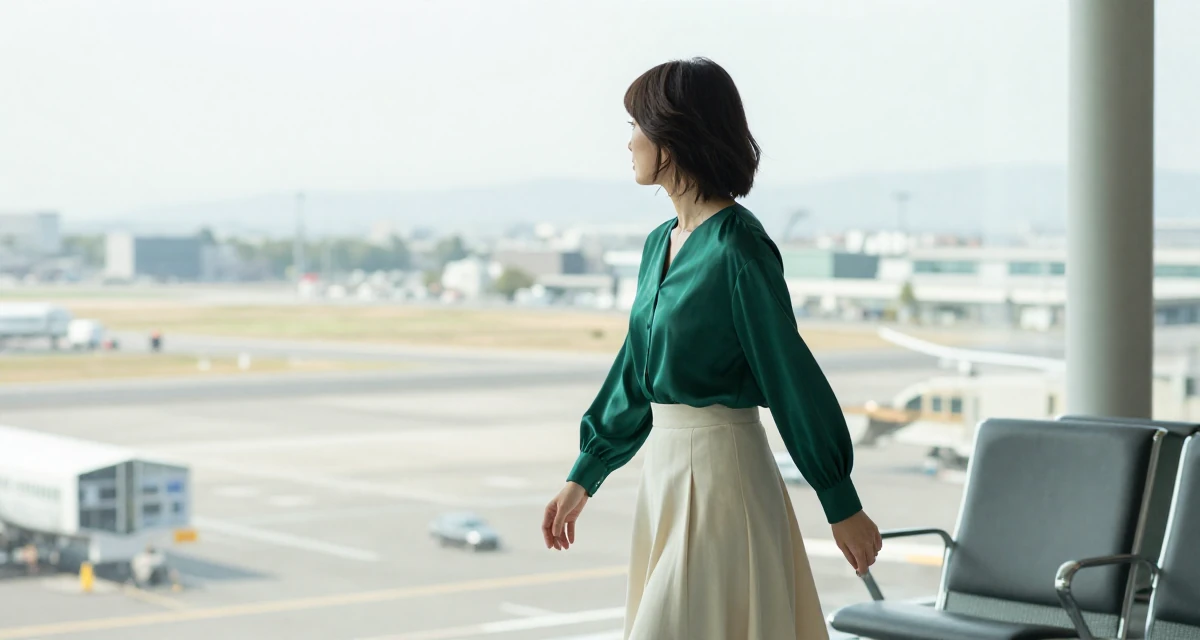 A shy Female From Osaka Japan, learned cosplay craftsmanship and character styling in their 29, accepting that progress is messy and nonlinear, wearing a emerald green silk blouse and a cream skirt, looking out the window in a airport departure lounge.