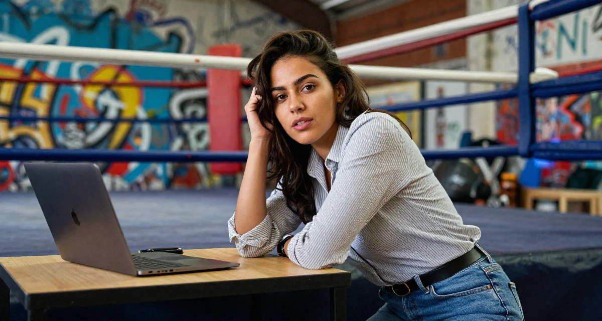 A empowered Female Born in South Africa, studied political communication in their 24, starting to feel comfortable in their own skin, wearing a classic striped shirt and jeans, pushing hair from face in a boxing ring.