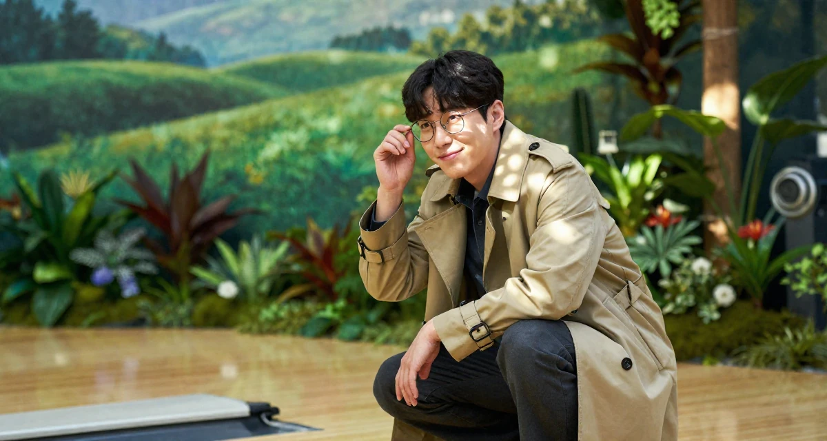 A friendly and approachable male From South Korea, trained in broadcasting and media in their 23, feeling pressure to figure life out quickly, wearing a stylish trench coat over basics, pushing glasses up the nose in a bowling alley.