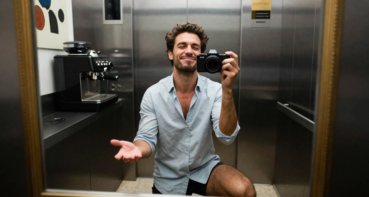 A pouting male From France, based in Marseille, graduated from a creative college majoring in intimate portrait photography in their 24, juggling edits, shoots, and a boss who texts on weekends, wearing a button-up shirt dress with the top buttons undone, laughing softly in a elevator hall.