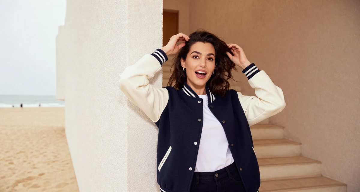 A enthusiastic Female From Bucharest Romania, trained in expressive posing in their 38, handling long working hours, wearing a casual varsity jacket look, retouching hair volume in a winding staircase.