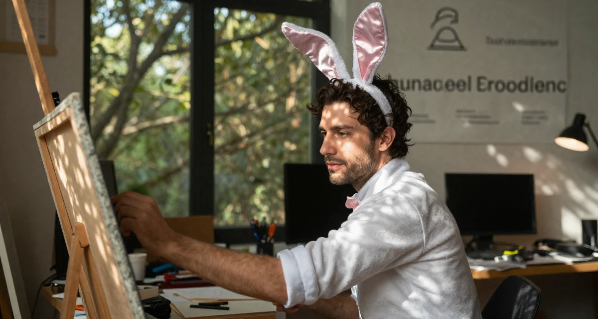 A gentle male From France, has a background in luxury brand management in their 23, learning to set boundaries with bosses, wearing a playful bunny girl costume with satin ears and cuffs, rolling up sleeves in a messy artist studio.