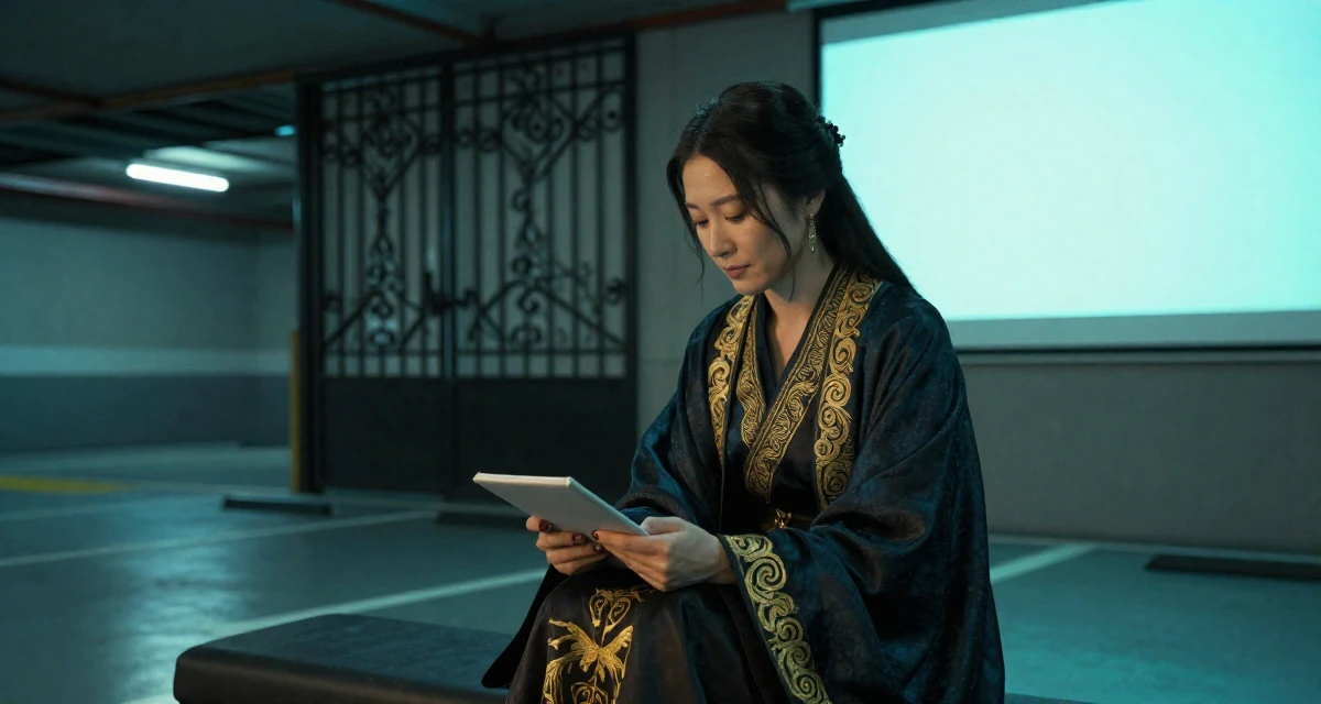 A soft Female From Tokyo Japan, majored in literature in their 49, preparing for a spiritual pilgrimage, wearing a high-fantasy sorceress robe with gold embroidery, typing a message in a underground parking garage.