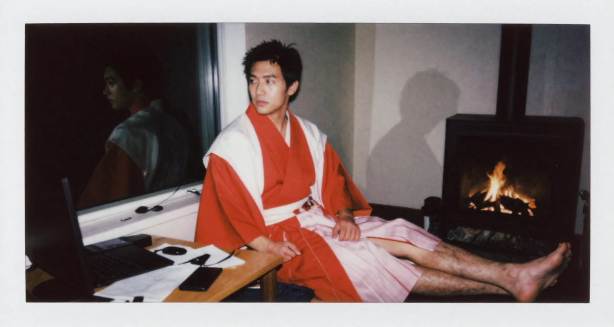 A wistful male From Canada, majored in sociology and gender studies in their 33, struggling with work-life balance, wearing a traditional Japanese miko priestess robe in red and white, checking a reflection in a window in a messy desk.