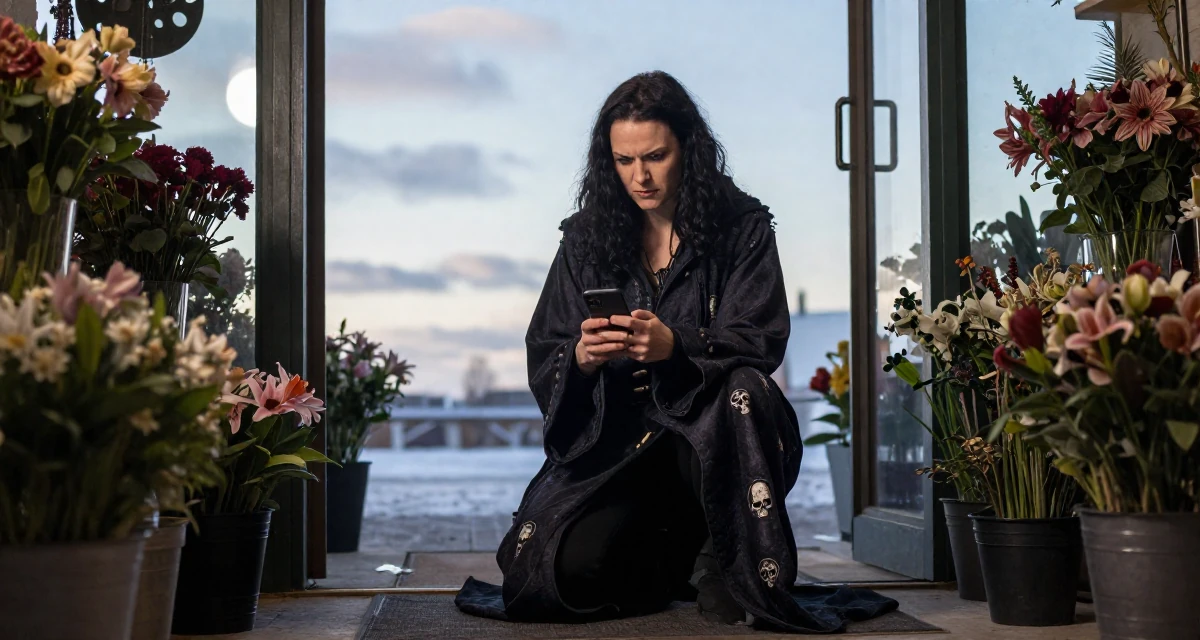 A ferocious Female From Finland, studied graphic design and branding in their 34, ex-corporate lawyer turned yoga instructor, wearing a dark fantasy necromancer robe with skull motifs, checking a phone in a flower shop entrance.