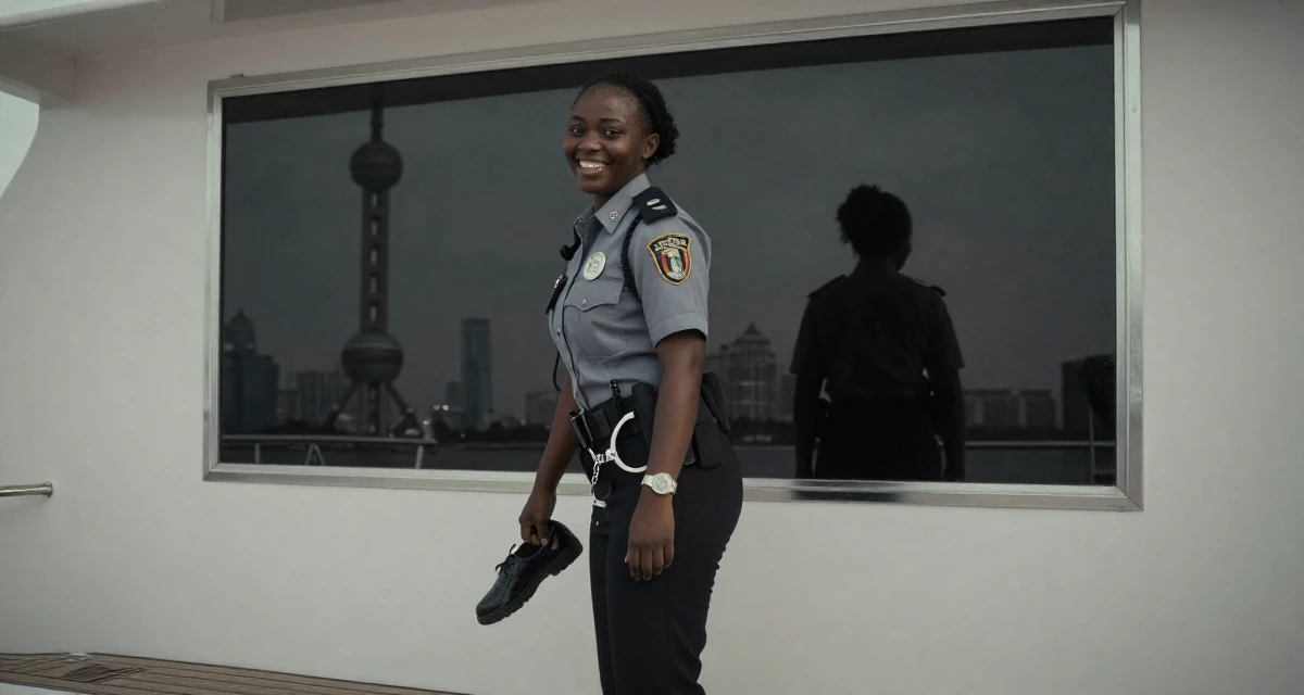 A joyful Female From Zambia, majored in marketing communication in their 27, forcing yourself to smile in content on bad days, wearing a police officer uniform with a badge and handcuffs, dangling a shoe from one foot in a yacht deck.