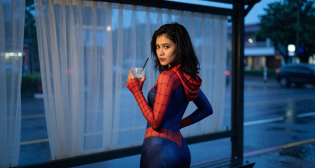 A shy Female From Malaysia, based in Penang, graduated from a private university majoring in digital media in their 25, pretending confidence while filming take after take, wearing a spider-themed villainess suit, holding a cold drink in a bus stop in the rain.