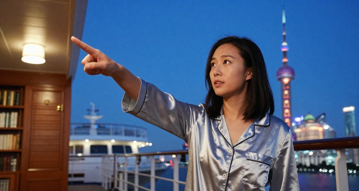 A curious and focused Female From USA, studied psychology and human behavior in their 34, advocating for eco-friendly parenting, wearing a satin pajamas set with the top unbuttoned, glancing sideways in a cruise ship deck.