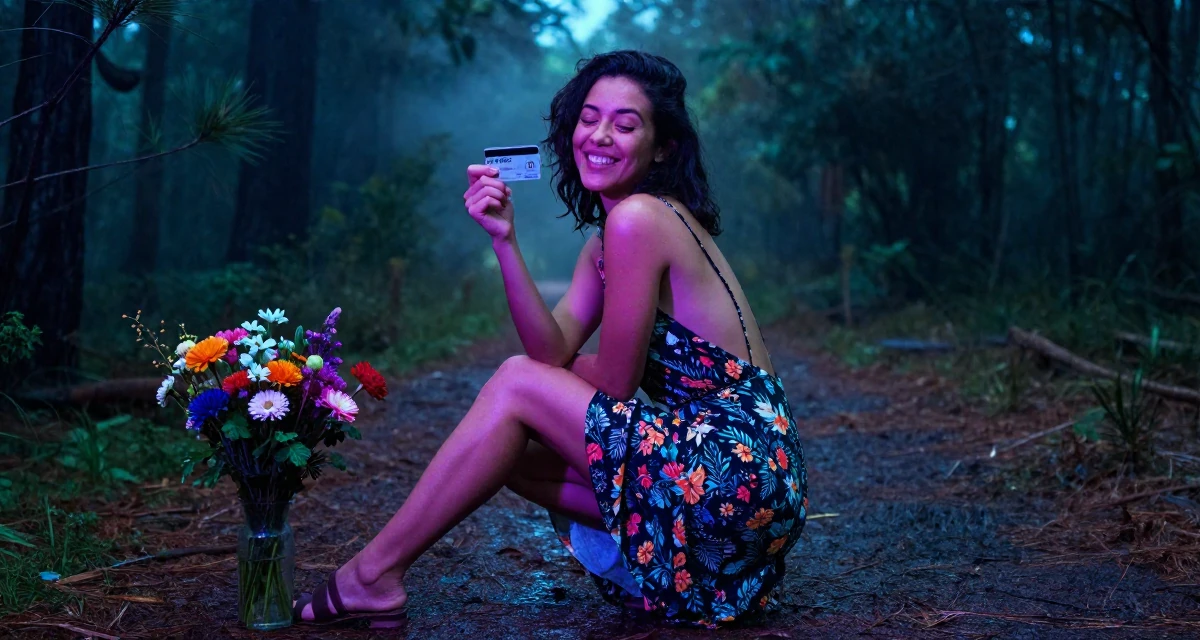 A playful Female From South Africa, studied journalism in their 27, forcing yourself to smile in content on bad days, wearing a backless summer sundress in a floral print, holding a subway card in a forest path.