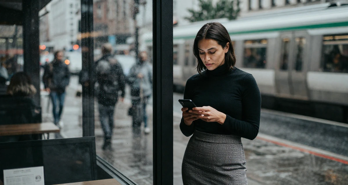 A grounded Female Former massage therapist, now offering wellness-focused content in their 37, focused on building generational wealth, wearing a classic black turtleneck tucked into a plaid midi skirt, inspecting an object in a bustling city street.