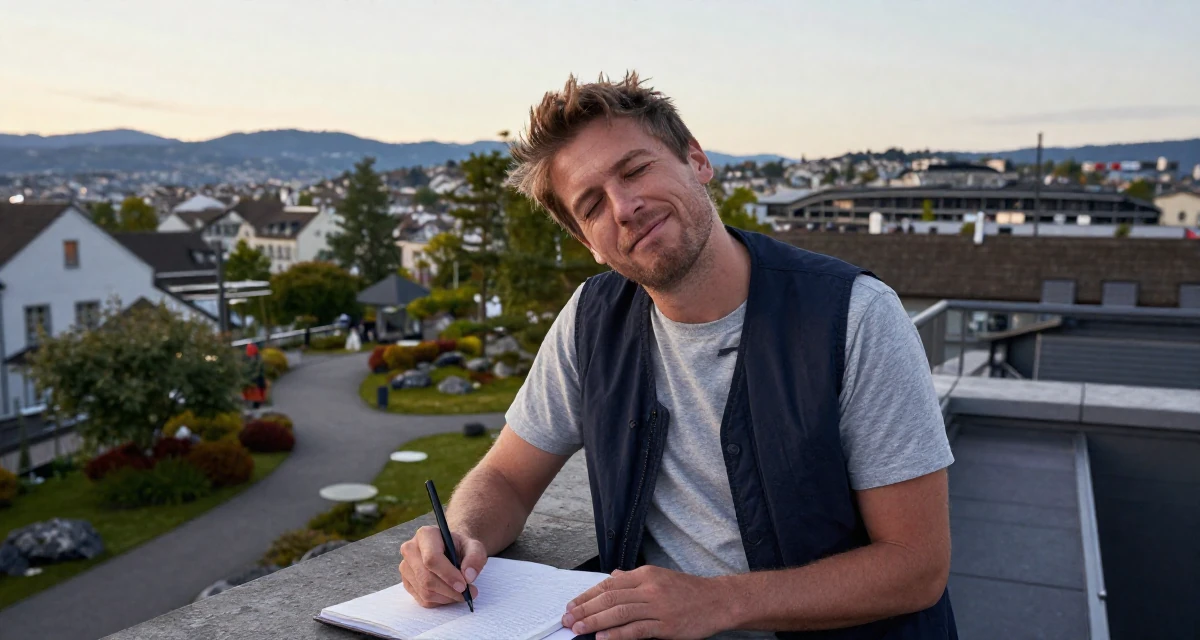 A carefree male From Zurich Switzerland, learned luxury lifestyle imaging in their 48, documenting the process of writing a memoir, wearing a casual vest and t-shirt layer, winking playfully in a rooftop terrace at sunset.