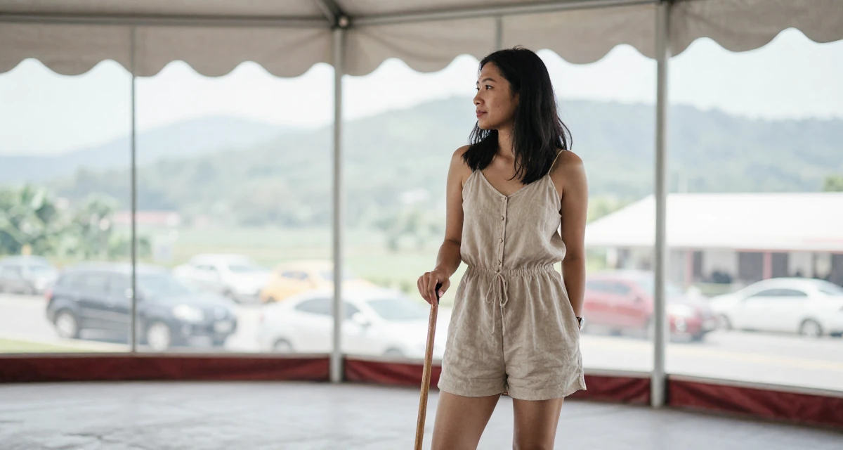 A humble Female From Malaysia, based in Penang, graduated from a private university majoring in digital media in their 25, planning high-quality shoots that feel bold but elegant, wearing a short romper made of soft linen fabric, watching traffic pass by in a circus tent interior.