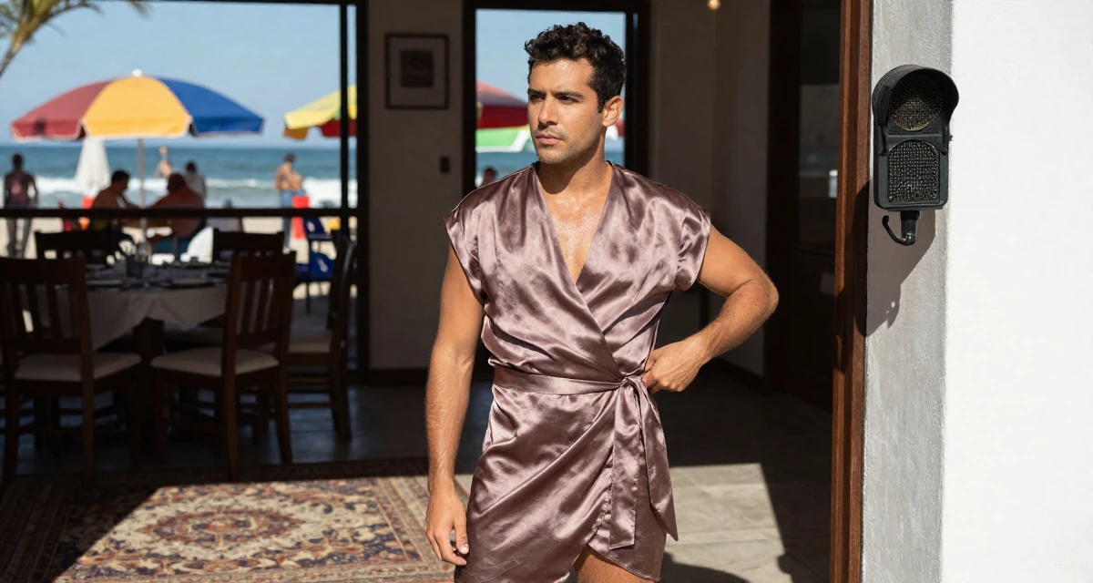 A calmly observant male From Argentina, based in Buenos Aires, graduated from a media institute majoring in flirtatious content styling in their 27, recovering from hustle culture fatigue, wearing a satin wrap dress tied loosely at the waist, waiting for a light to change in a dining room.