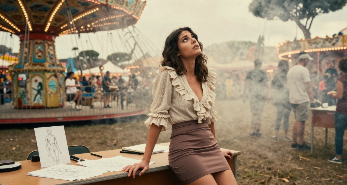 A curious Female From Rome Italy, studied classical body aesthetics and figure drawing in their 22, worrying about disappointing early supporters, wearing a ruffled blouse tucked into a tight mini skirt, looking up at the sky in a carnival with rides.