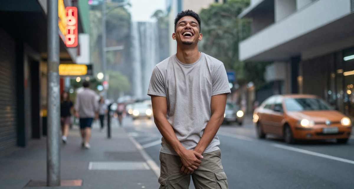 A harmonious male From Australia, has a diploma in business administration in their 23, elevating content toward more polished sensual visuals, wearing a simple t-shirt and cargo pants, laughing uncontrollably in a neon-lit street.