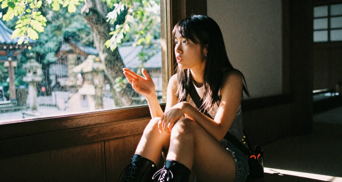 A unimpressed Female From Macau, studied hospitality management in their 22, exploring slow, teasing video styles within comfort limits, wearing a edgy street style with boots, gesturing while talking in a Japanese Shinto shrine.