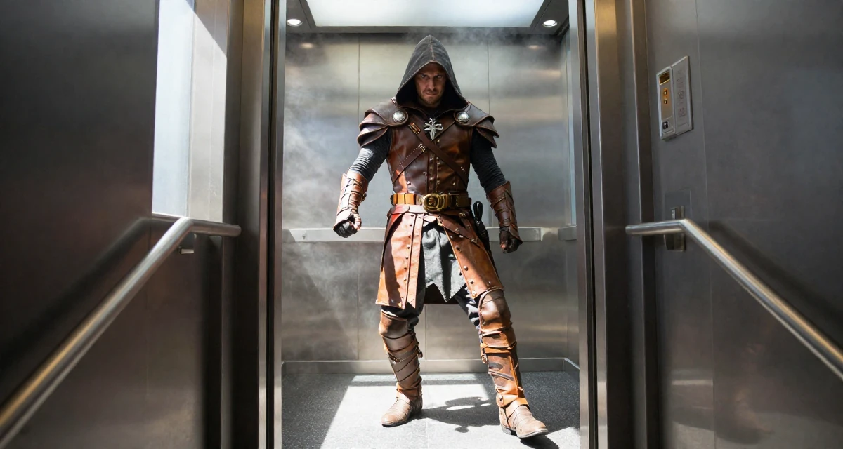 A resilient male From Auckland New Zealand, studied animation in their 60, rediscovering passions, wearing a fantasy rogue leather armor with a hood, shifting weight impatiently in a elevator hall.