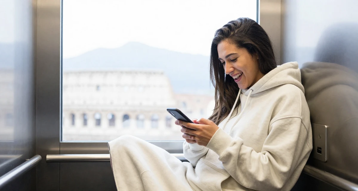 A playful and energetic Female From Canada, majored in english and creative writing in their 38, single dad sharing parenting hacks, wearing a oversized hoodie worn as a dress, checking a notification on a phone in a elevator hall.