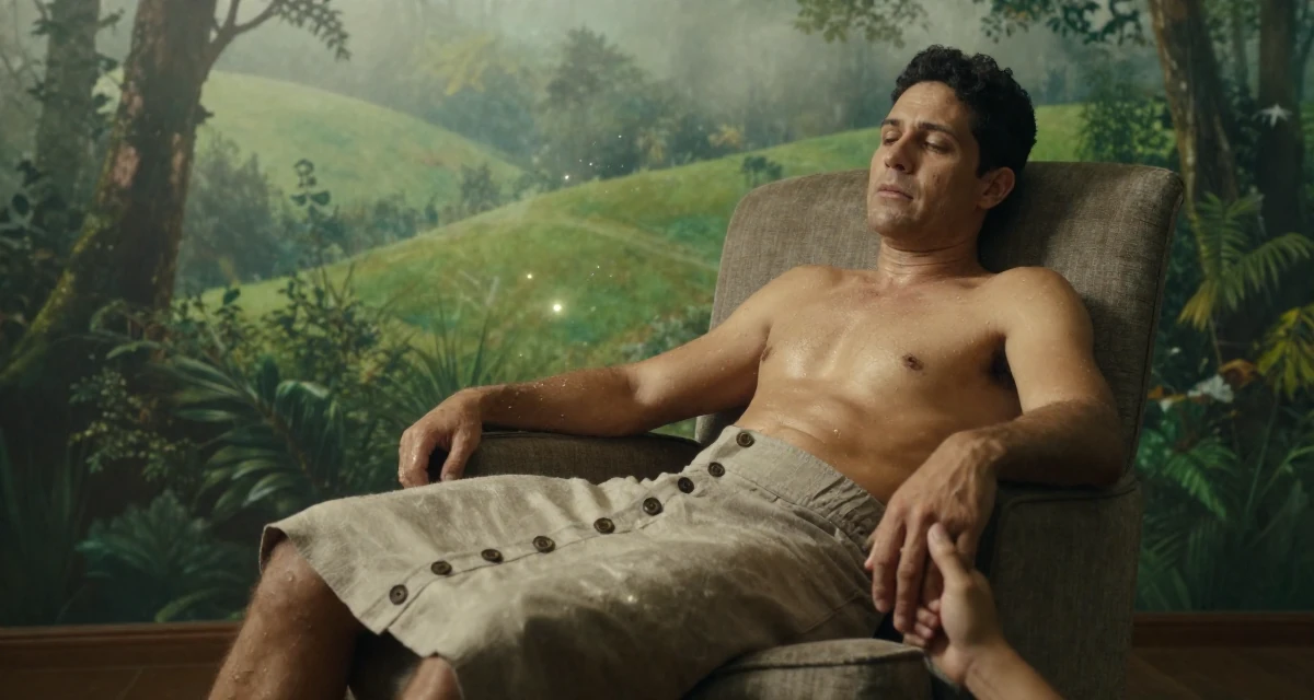 A unbothered male From Brazil, has a background in journalism in their 38, documenting a home gym transformation, wearing a fitted midi skirt with buttons down the front, holding hands with someone unseen in a dense misty forest.