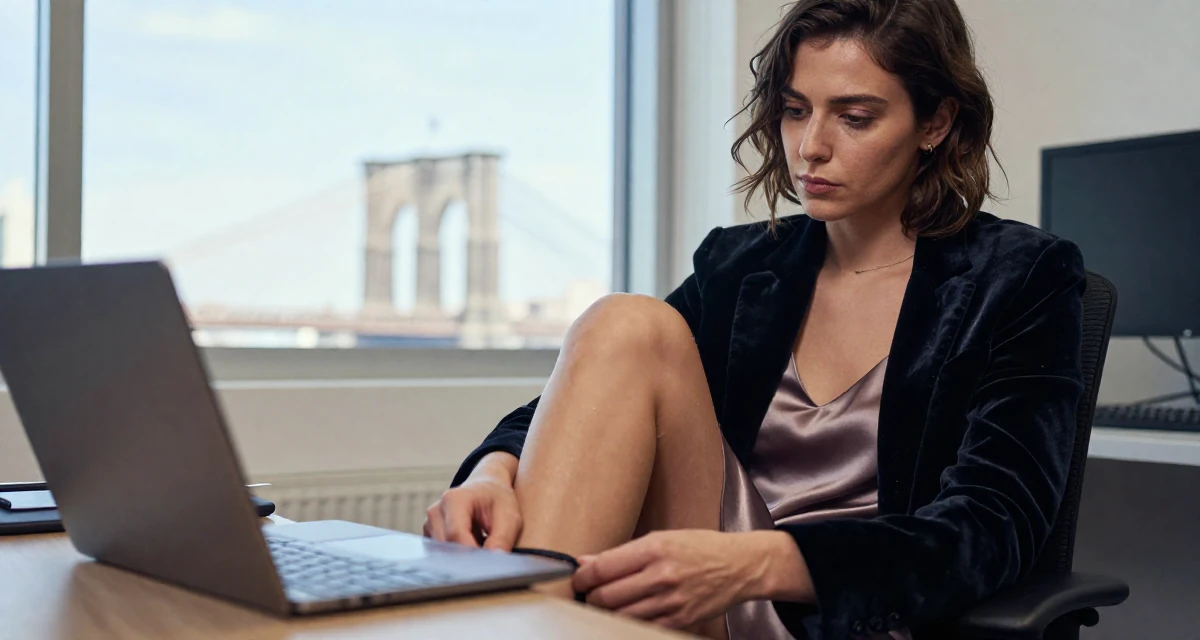 A deeply thinking Female From Greece, studied philology in their 22, feeling the imposter syndrome in a first serious job, wearing a velvet blazer and a silk slip dress, scrolling casually in a office break room.