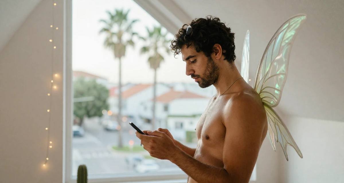 A absent-minded male From Portugal, studied marine sciences in their 25, trying to build an aesthetic that feels authentic, wearing a fairy costume with translucent iridescent wings, scrolling casually in a attic room.