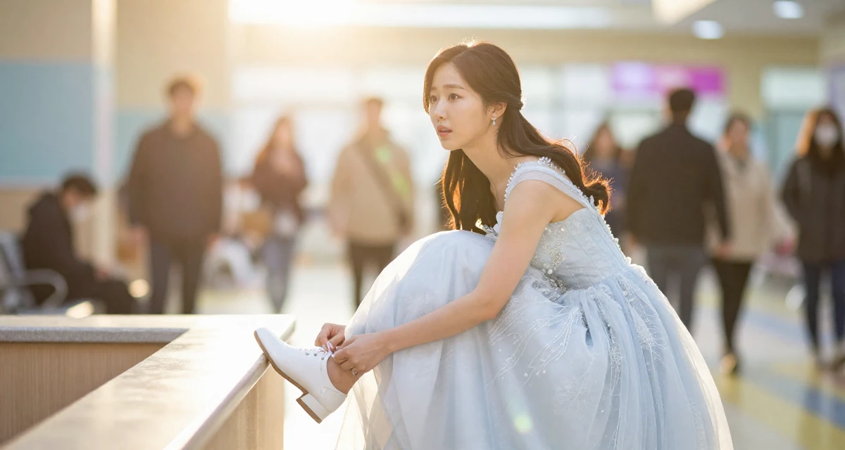 A relaxed and observant Female Based in South Korea, studied fashion merchandising in their 44, handling high healthcare expenses, wearing a snow queen gown with ice crystal details, tying a shoelace in a waiting room.