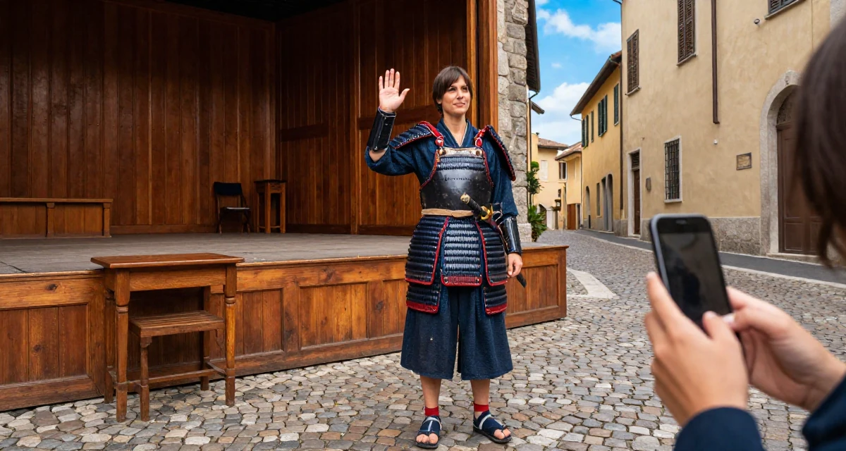 A calm and confident Female From Italy, majored in photography and visual arts in their 30, weighing long-term health against constant digital hustle, wearing a samurai armor set with a katana at the waist, waving to someone in a empty theater stage.