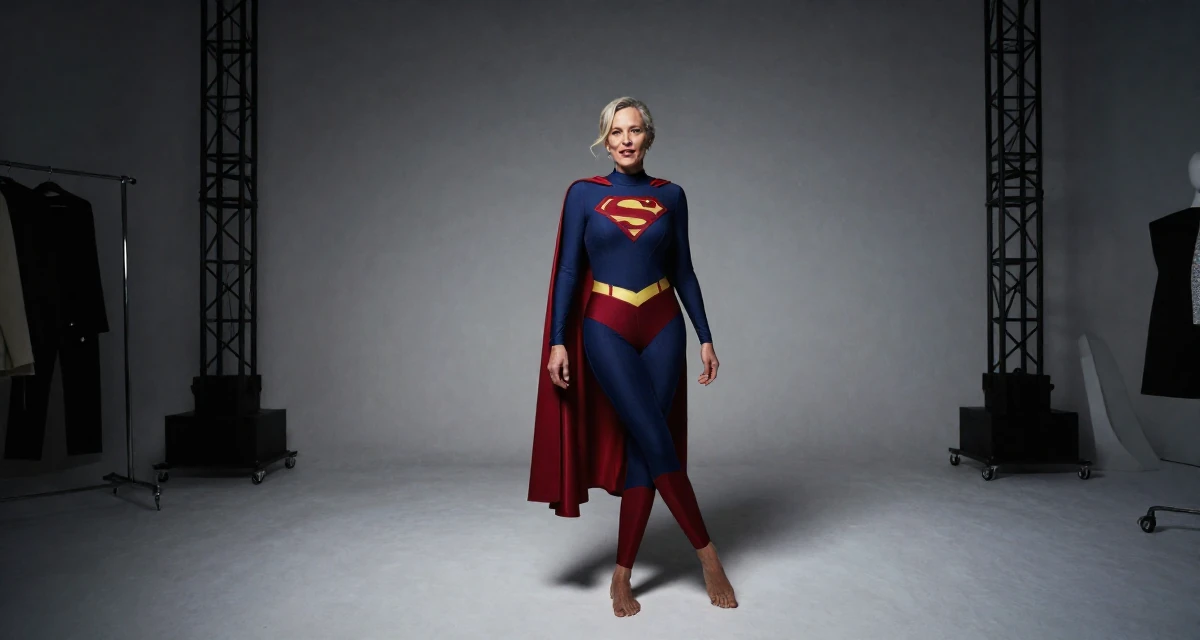 A playful Female From South Africa, majored in development studies in their 44, sharing high-end skincare routines for aging, wearing a superheroine spandex suit with a cape, tapping a foot rhythmically in a fashion design studio.