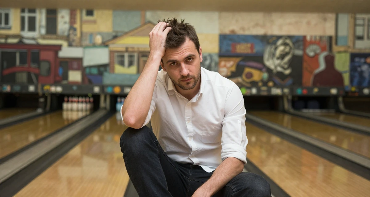 A stoic and strong male Raised in Romania, studied entertainment marketing in their 39, recently moved to a new city, wearing a crisp button-up with rolled sleeves, running fingers through hair in a bowling alley.