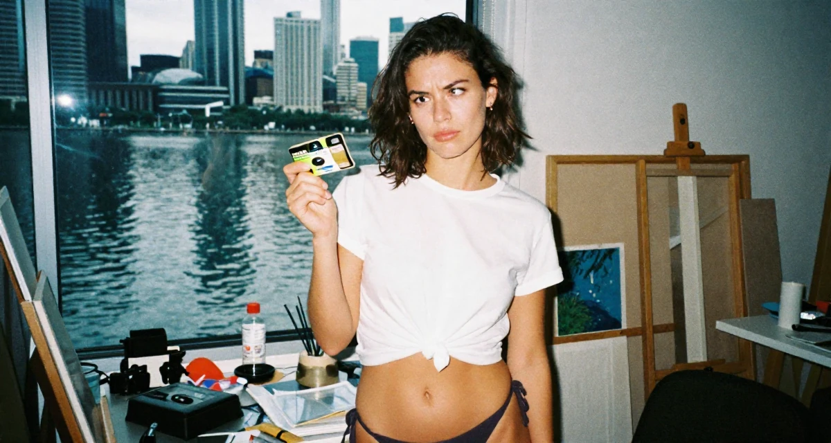 A puzzled Female From Australia, has a diploma in business administration in their 23, recovering from early career burnout, wearing a classic white t-shirt knotted at the front and bikini bottoms, holding a subway card in a messy artist studio.