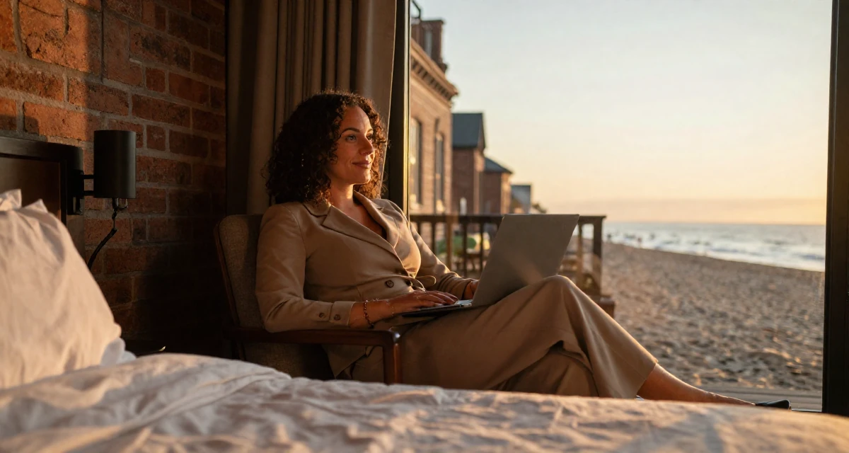 A warm and welcoming Female From Jamaica, studied event management in their 37, navigating the world of freelance consulting, wearing a fitted waist coat and wide leg trousers, glancing over the shoulder in a sunset beach.